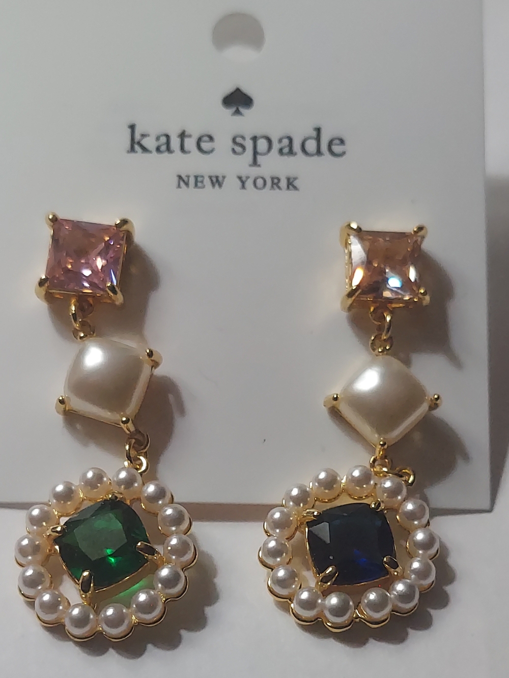 kate spade Gold Drop Earrings with Pink, Pearl, Green & Blue Stones